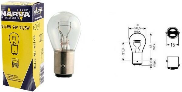Лампа автомобильная накаливания Narva 179253000 P21/5W 24V 21/5W BAY15d 1 шт.