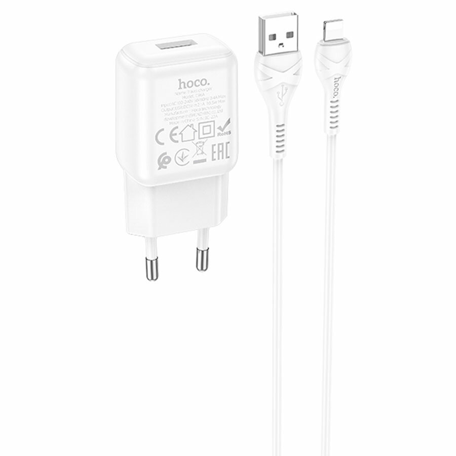 Сетевое зарядное устройство HOCO C96A 1xUSB с Кабелем USB - Lightning, 3.0A, 20W, белый — фото 1