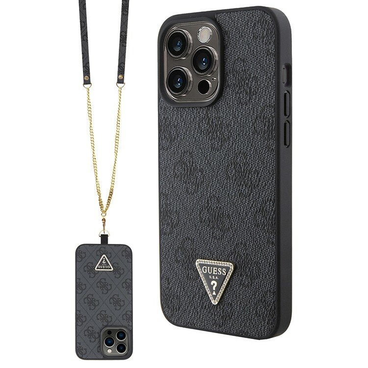 Guess для iPhone 15 Pro чехол из кожи PU Crossbody 4G Triangle Diamond logo+Hard +съемный ремешок через плечо, черный