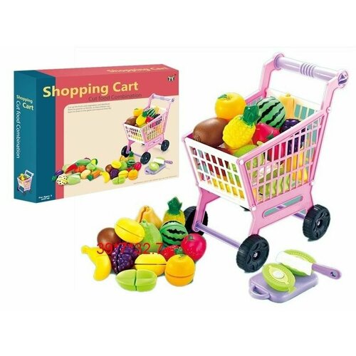 Набор Продукты Shopping Cart, в комплекте: тележка на колесах, продукты на липучке, нож, доска, 39х7х32,7 см набор продукты toys в комплекте доска нож белая тарелка продукты на липучке 13 5х1х8 см