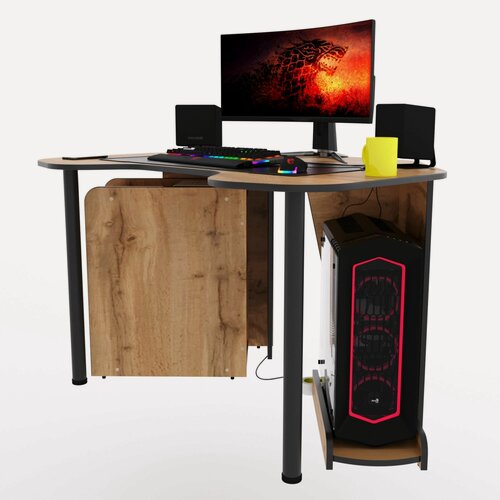 Изображение товара Угловой компьютерный стол "Угол" с тумбой, 120x87x75 см, дуб вотан с чёрной кромкой