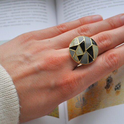 Кольцо, эмаль, размер 19, зеленый, черный