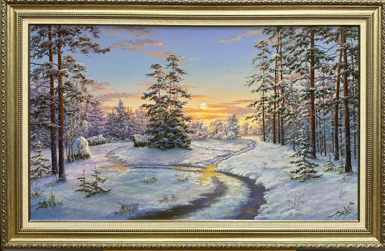 Картина маслом, зимний пейзаж "Зимнее утро" 1