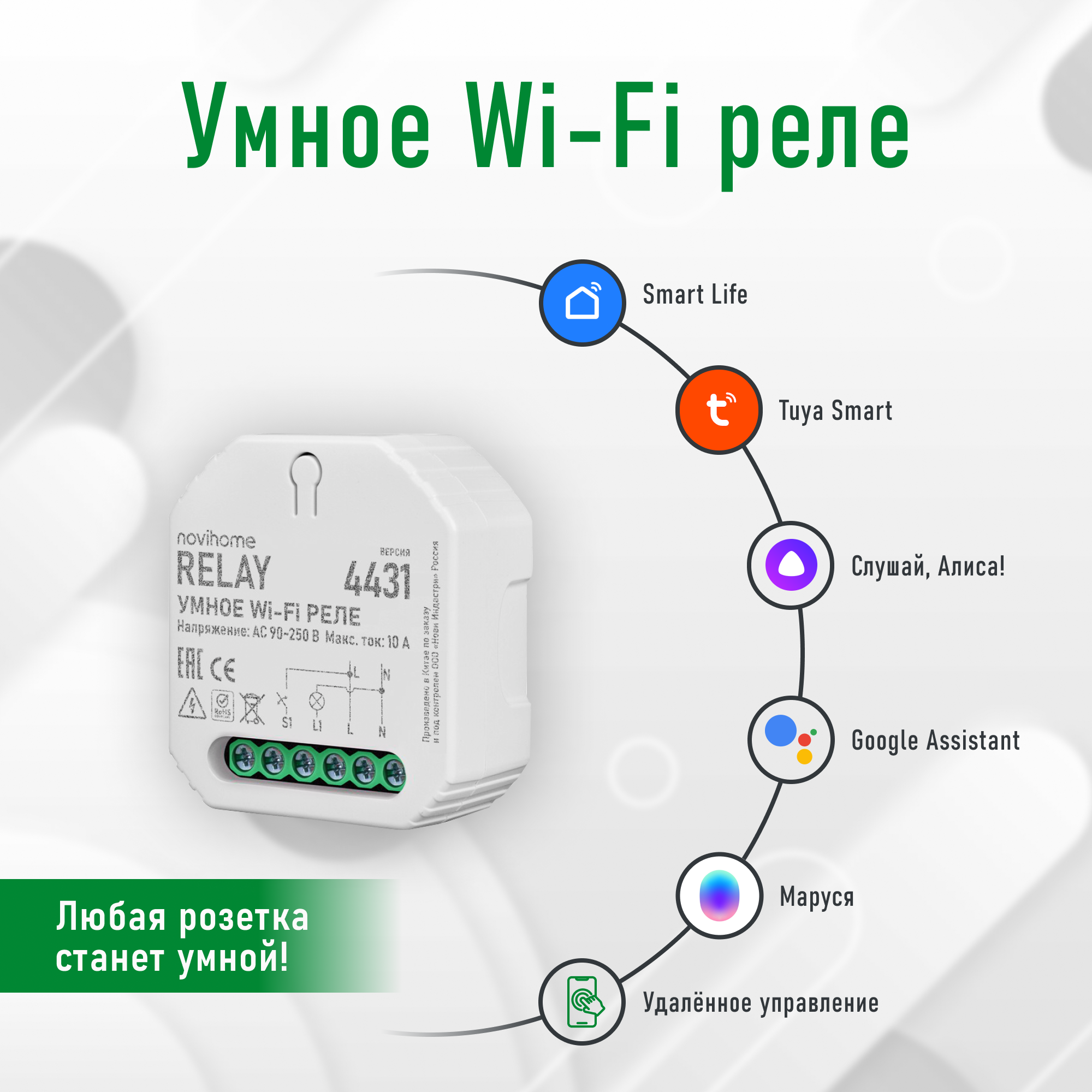 Умное Wi-Fi реле Novihome RELAY. Поддержка Smart Life (Tuya), Яндекс Умный дом (Алиса), VK Маруся