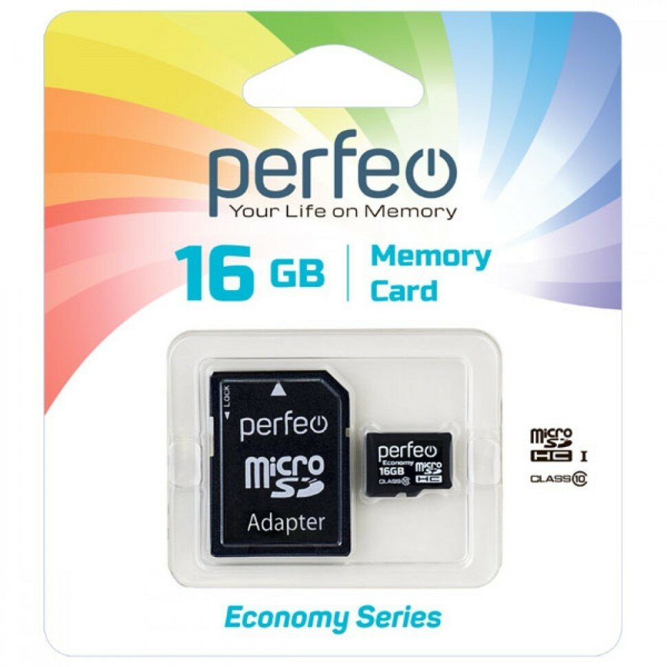 Micro SDHC карта памяти Perfeo 16GB High-Capacity (Class 10), с адаптером economy series