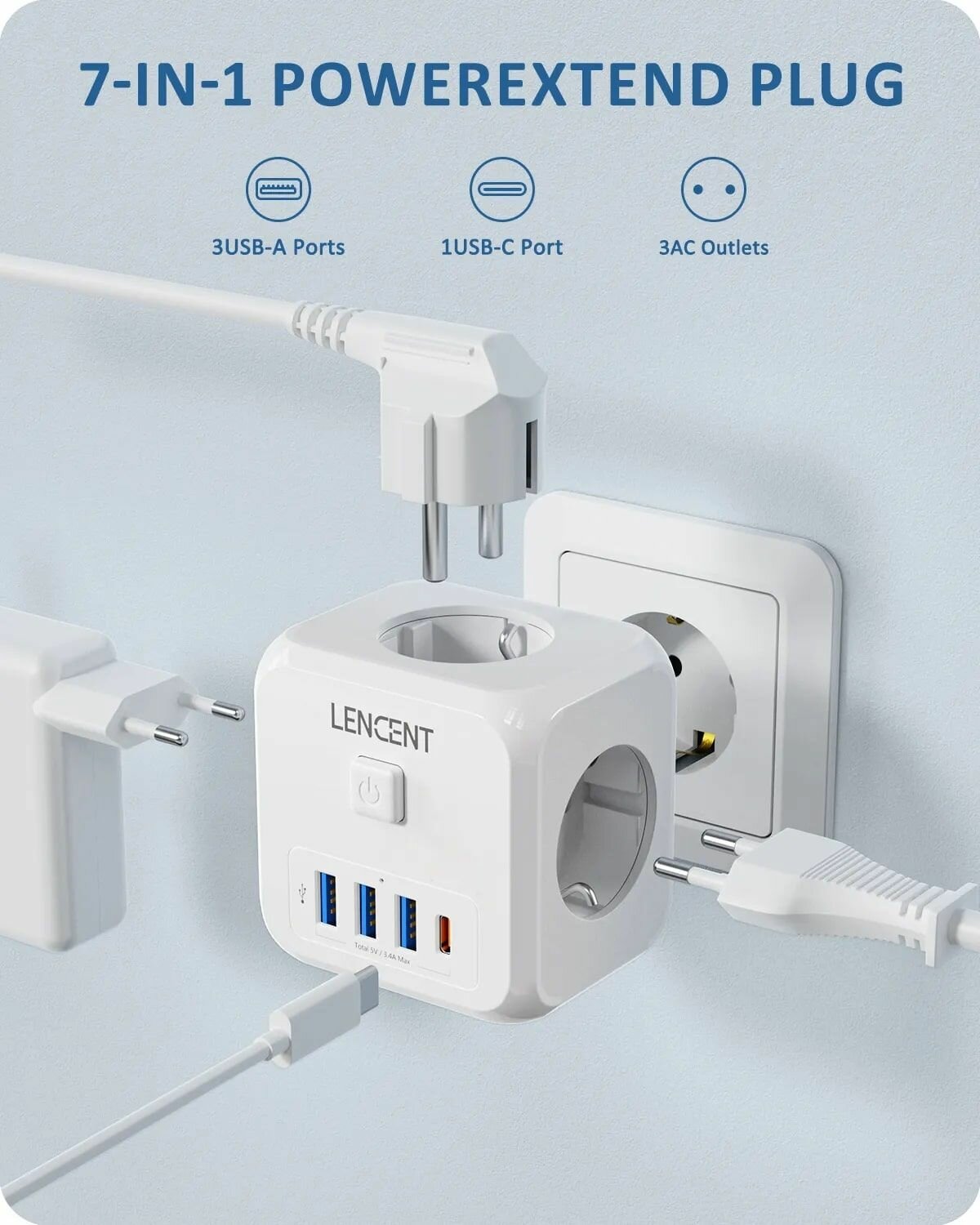 Тройник для сетевой розетки, 3 розетки с 3 USB и 1 Type-C. LENCENT.