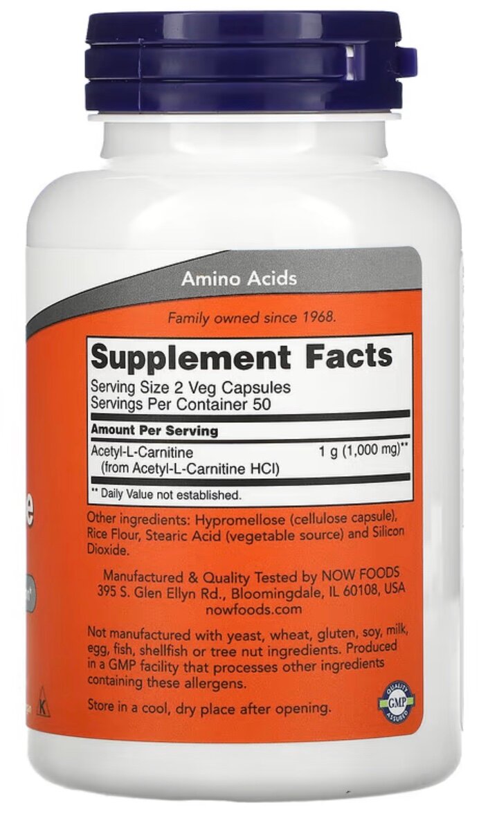 Картинки NOW Foods, Acetyl-L Carnitine, Ацетил-L-карнитин, 500 мг, 100 растительных капсул