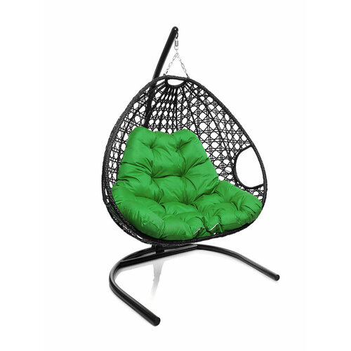 Подвесное кресло с ротангом "Для двоих Люкс" черное с зеленой подушкой M-GROUP
