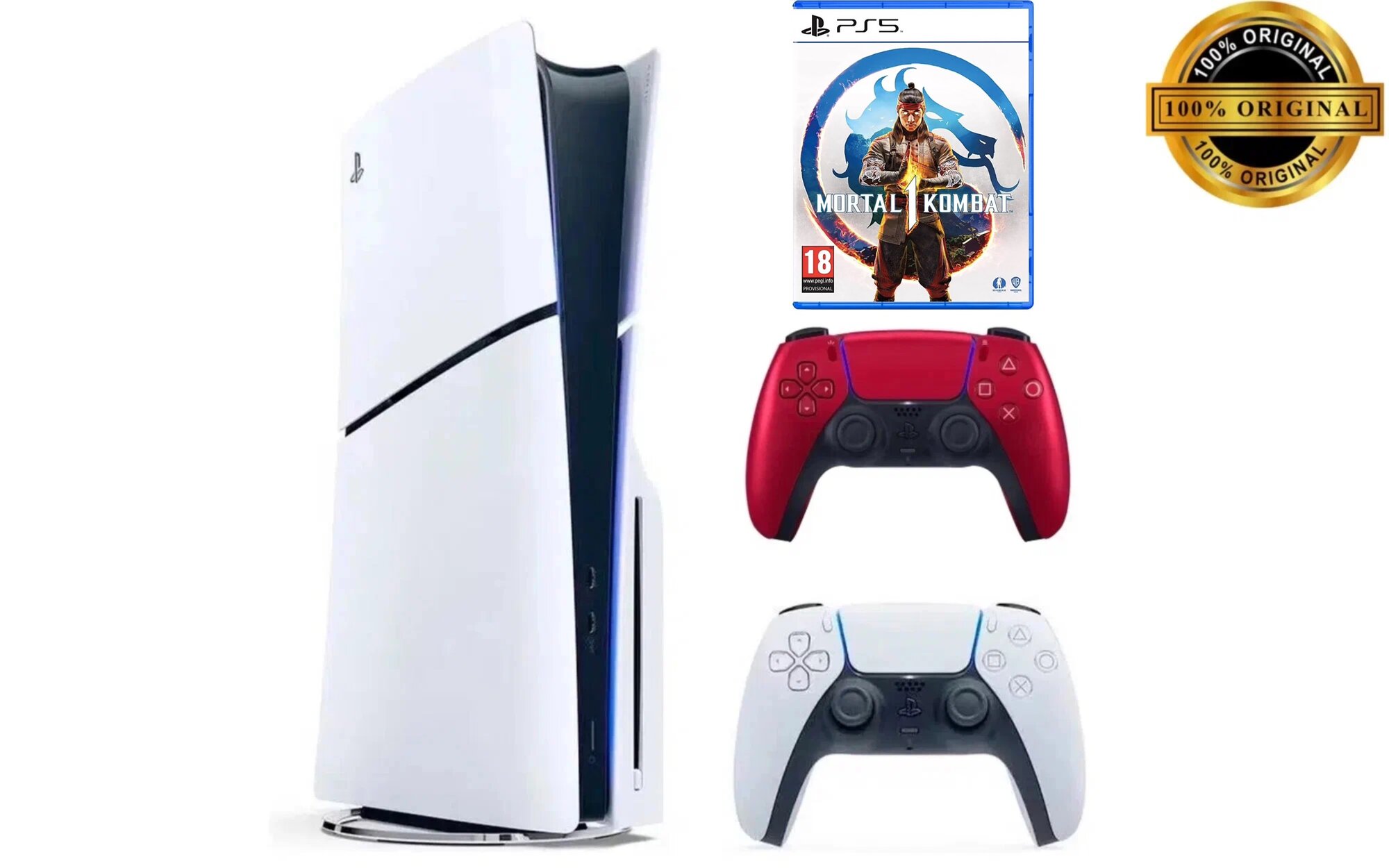 Игровая приставка Sony PlayStation 5 Slim, с дисководом, 1 ТБ, два геймпада (белый и красный), Mortal Kombat 1