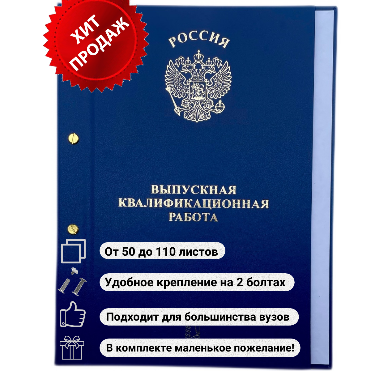 Папка для Выпускной квалификационной работы, для диплома, курсовых, рефератов. А4, без бумаги, 2 отверстия, на золотых болтах. ВКР.