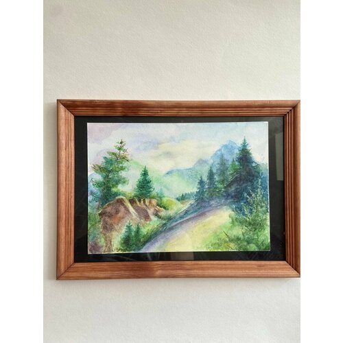 Картина Пейзаж с елками и горами акварелью 20 х 30 см