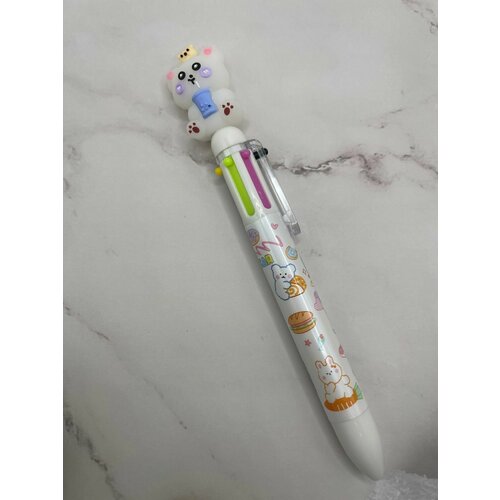 Ручка шариковая Мишка белый автоматическая, многоцветная 8 цветов. негина ю фантазии
