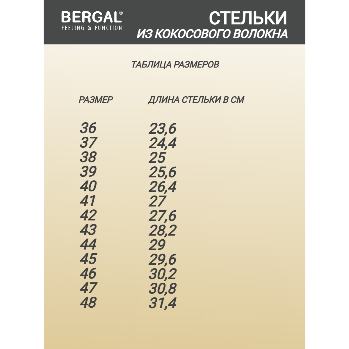 Стельки из кокосового волокна BERGAL Coco Air 39, летние, тонкие, дышащие