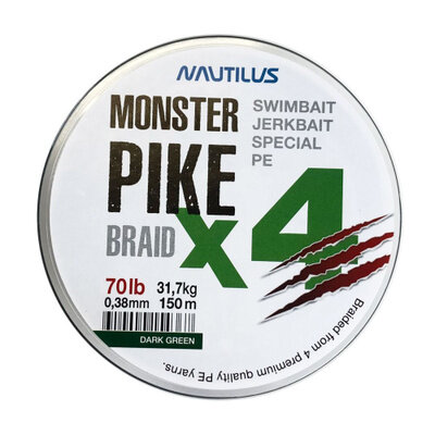 Шнур Nautilus Monster Pike Braid X4 Dark Green d-0.38 31.7кг 70lb 150м — фото 1