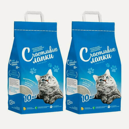 Изображение товара Счастливые Лапки 2 шт по 10 кг, комкующийся наполнитель для кошачьих туалетов