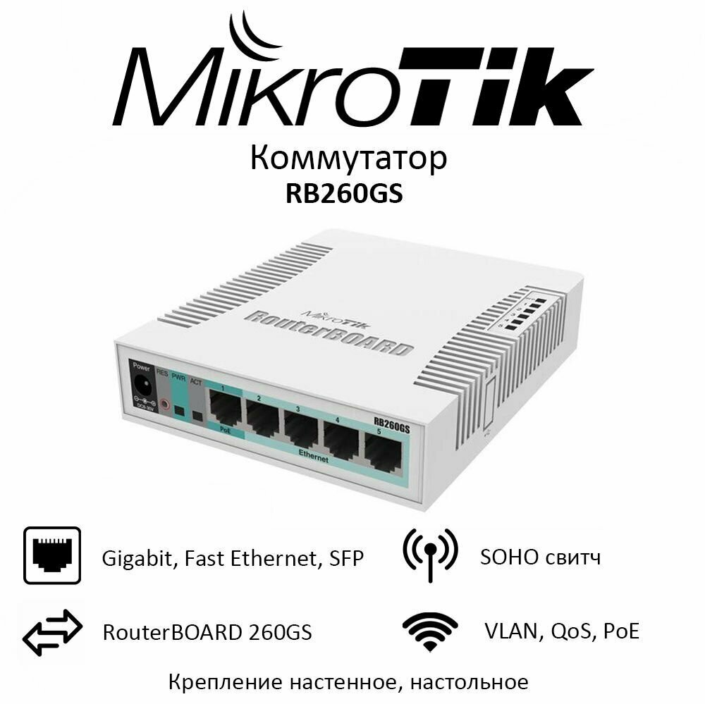 MikroTik CSS106-5G-1S Коммутатор управляемый RouterBOARD 260GS, 5x1 Гбит/с, 1xSFP, настольный