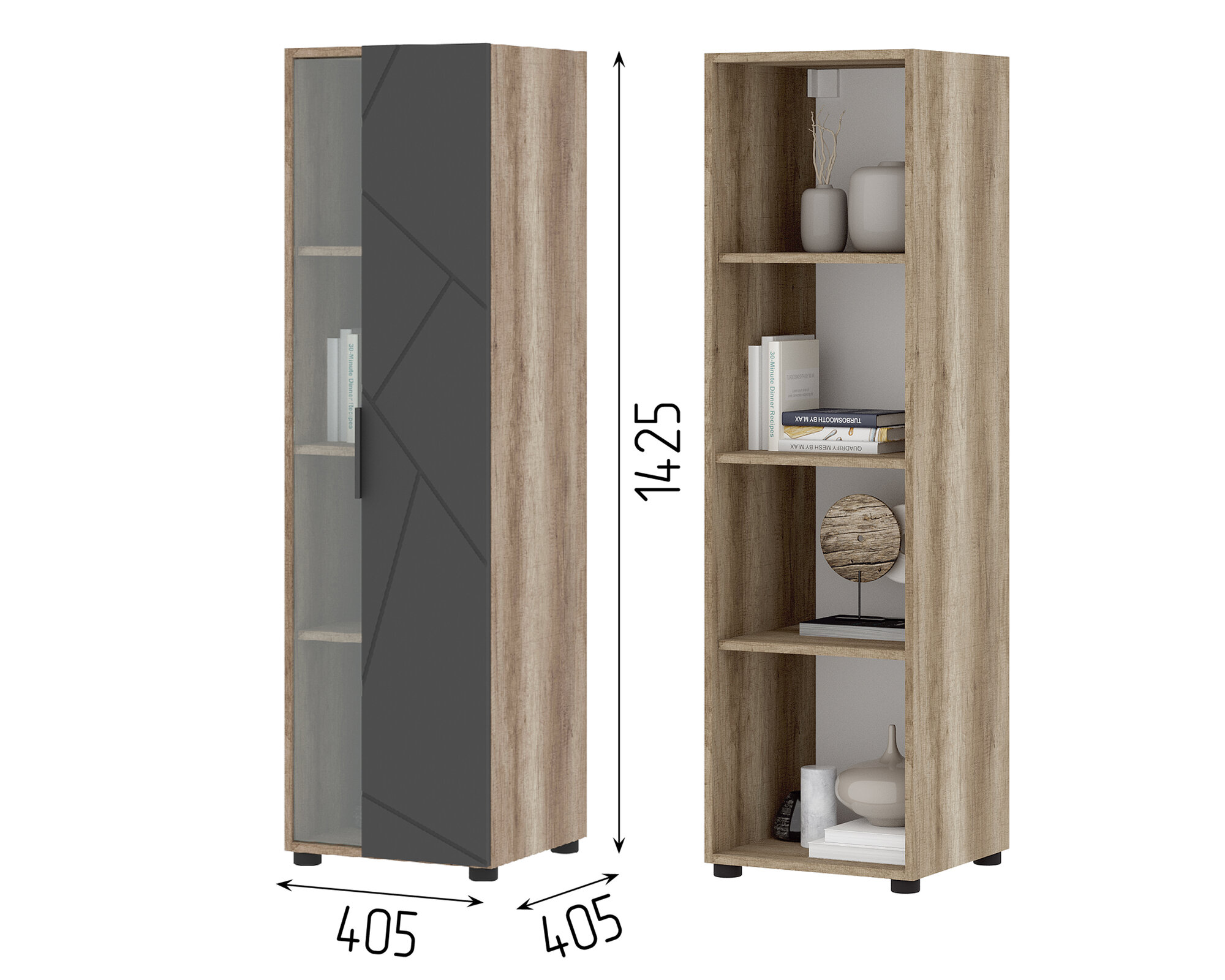 Пенал закрытый со стеклом Даллас ПН 01 (0598х2008х0402) дуб каньон/МДФ софт графит
