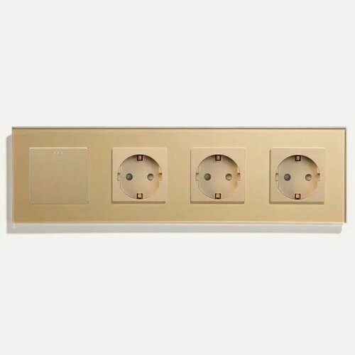 Изображение товара Выключатель с розеткой, 1 клавиша 3 розетки, 4 поста (M1+3F) рамка стекло 299х86мм цвет золото