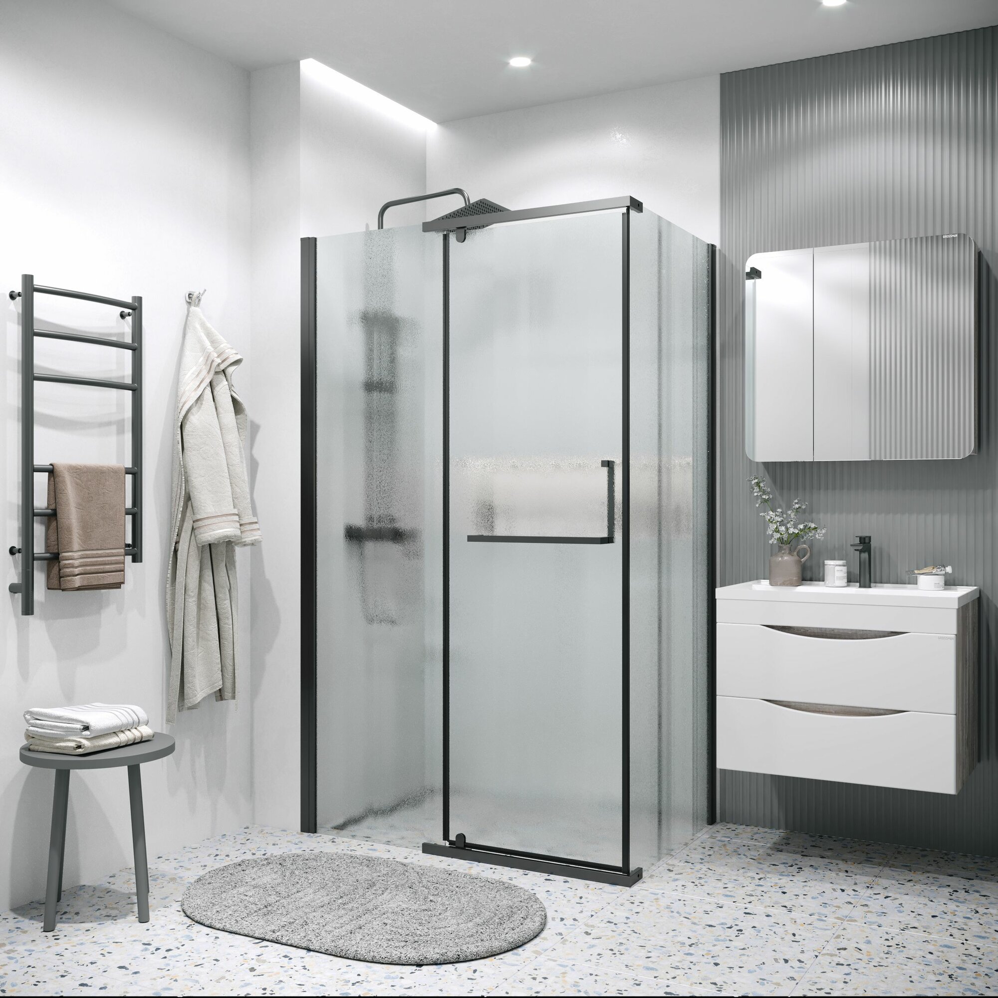 Душевое ограждение Grossman Pragma 120. K33.03.1090.21.02 (100х90х195) дверь распашная (левая) черный матовый стекло шиншилла2 места