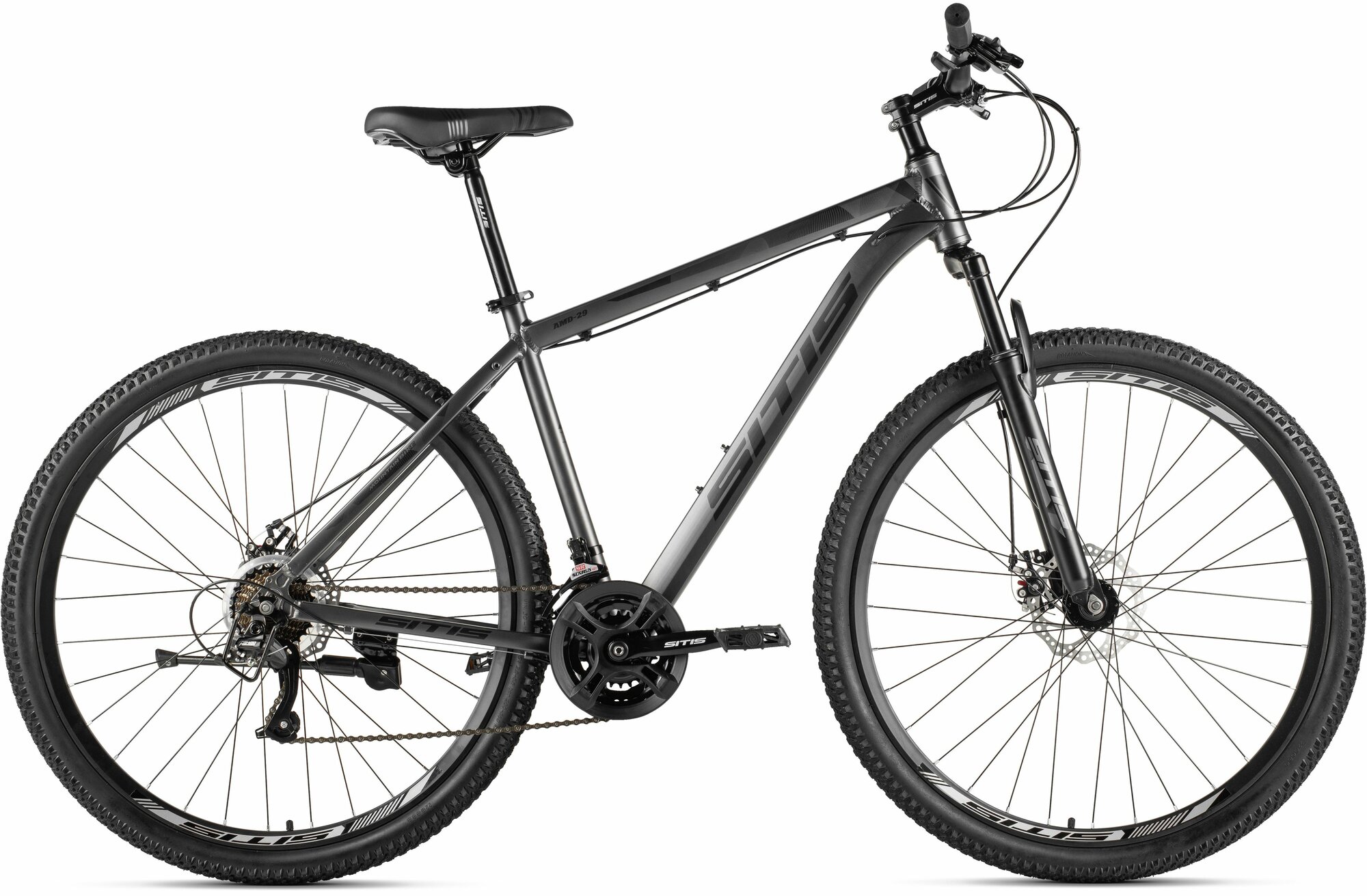 Велосипед SITIS AMD-29 29" (2025) Grey-Black, алюминий, пружинно-эластомерная, 21 скорость, рама 21", рост 185-195