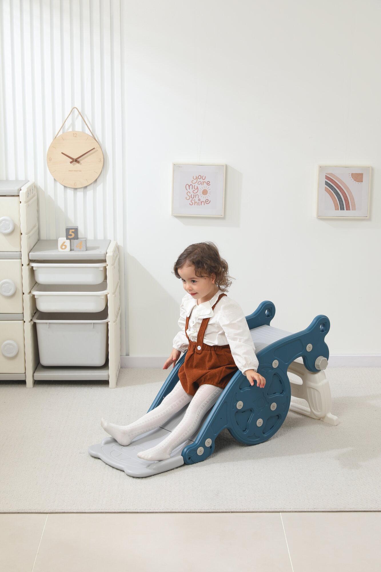 Горка-трансформер UNIX Kids Blue пластиковая, качалка-балансир, баскетбольная стойка, для дома, улицы и дачи 100х42х45см — фото 1