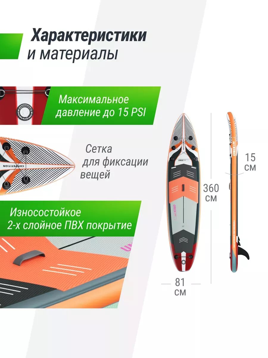 Сапборд надувной для плавания UNIX Line sup board Summertime 360 см до 200 кг, двухслойный, с веслом, рюкзак, насос — фото 1