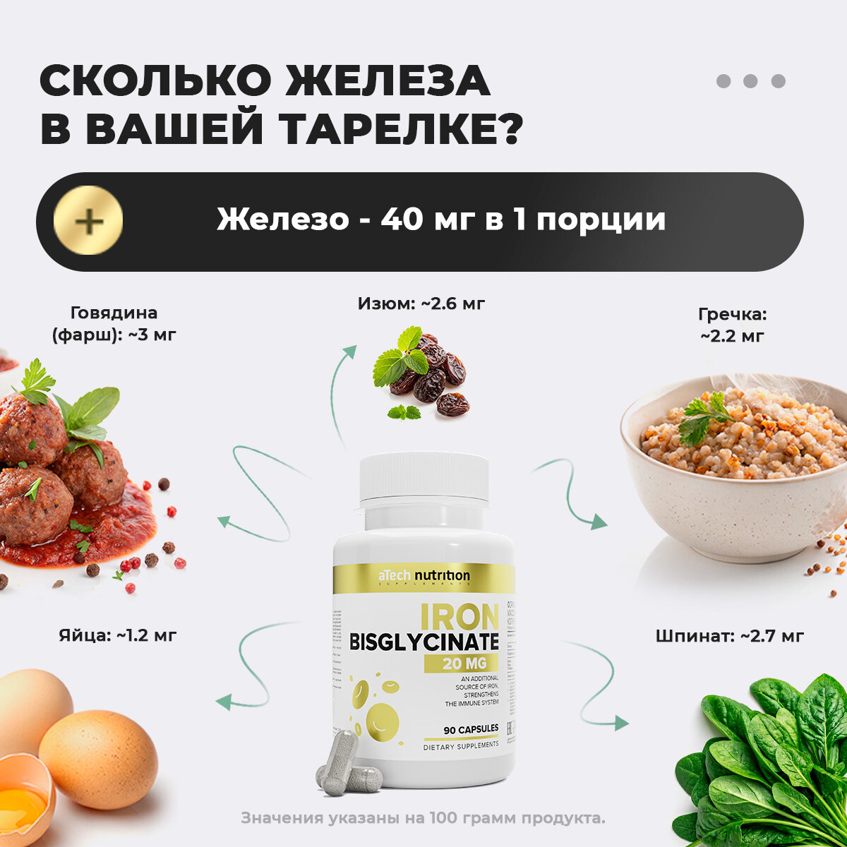 Железо бисглицинат (хелат) aTech nutrition БАД к пище 90 капсул — фото 1