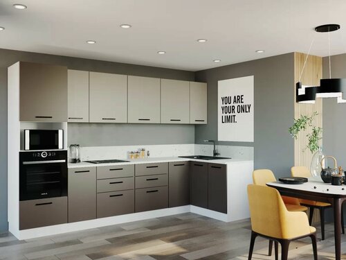 Изображение товара Кухонный гарнитур Sanvut угловой Латте 3200x1400 столешница 38 мм, каркас ЛДСП, фасад ЛДСП, Белый/Сатин/Мокко