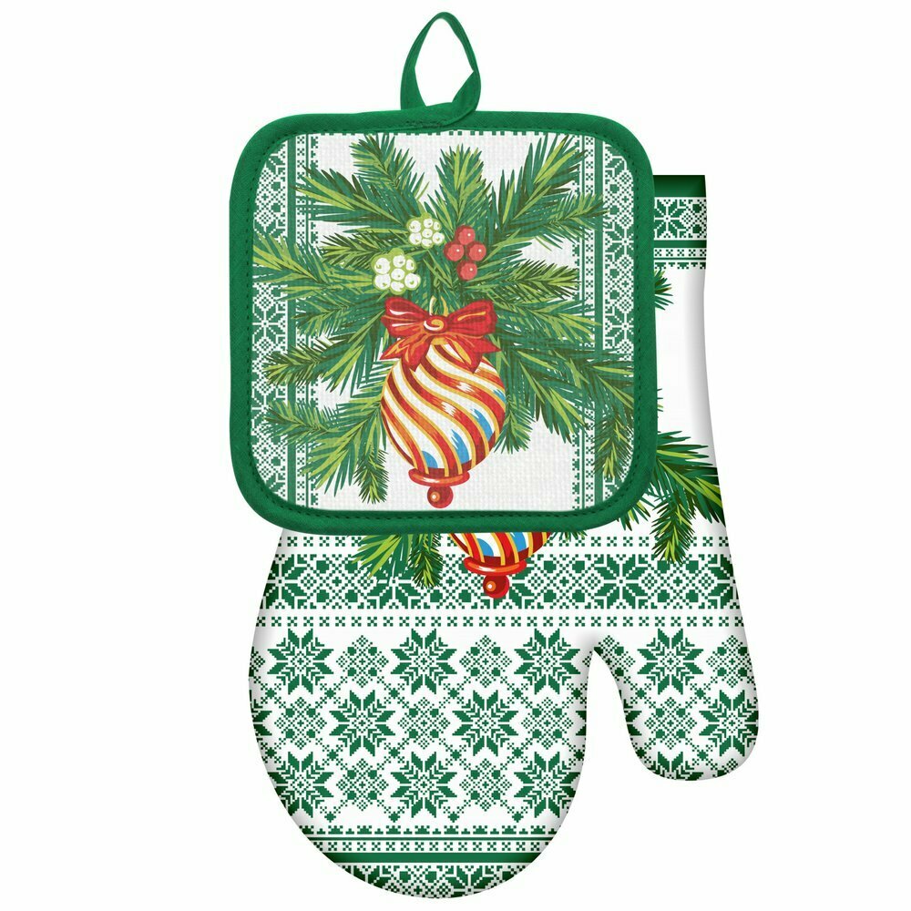 Набор прихватка с рукавица Мультидом "Новогодние узоры" хлопок синтетика 16х16см 17х27см 1 набор