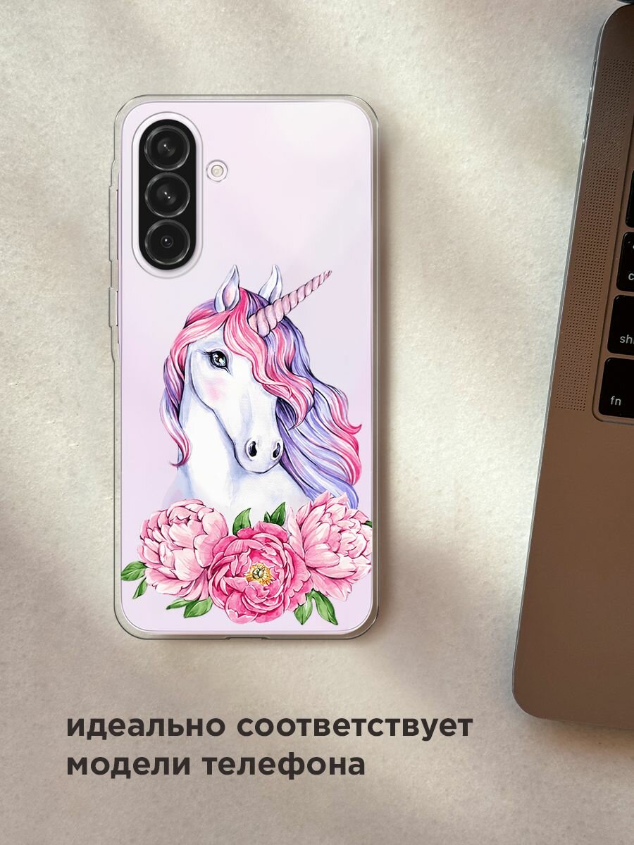 Чехол на Samsung Galaxy A56 5G / Самсунг Галакси А56 5G с принтом "Единорог с пионами", прозрачный — фото 1