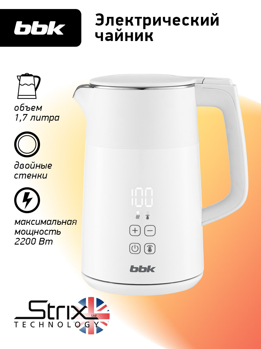 Чайник электрический BBK EK1704 с терморегуляцией, белый, 1.7л, мощность 2200Вт, контроллер STRIX