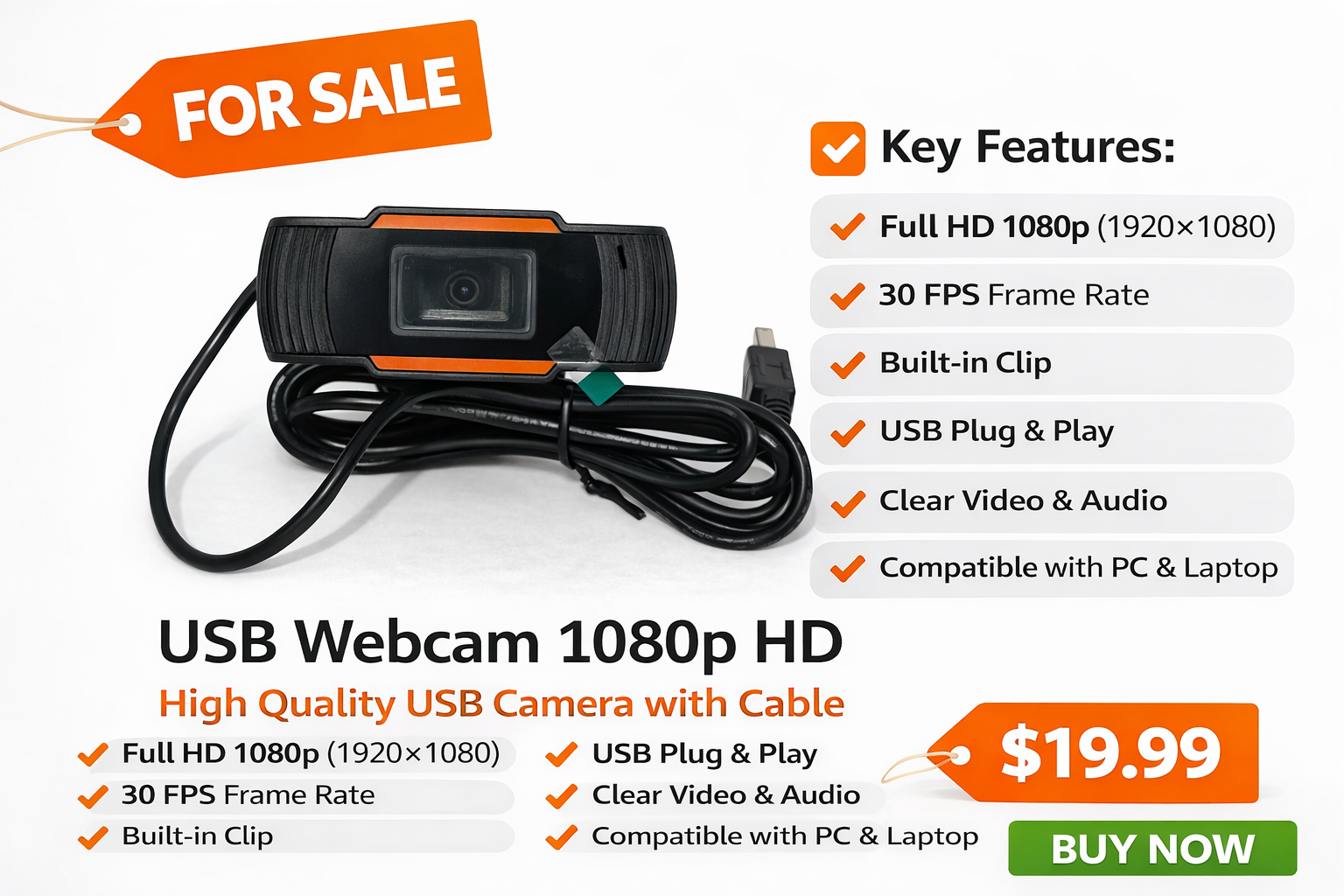 Веб камера USB VEB-KAMERA | FULL HD 1080p , USB, для компьютера и ноутбука