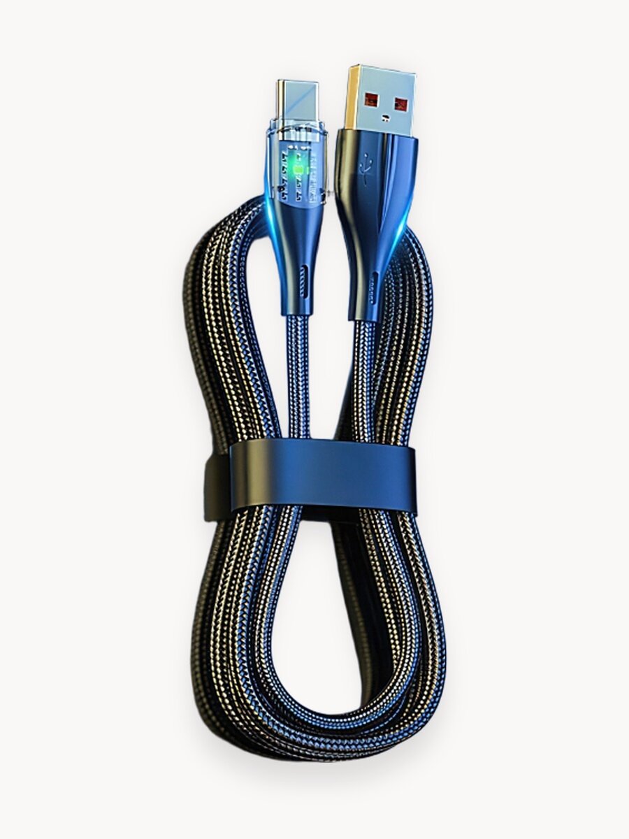 Кабель зарядный USB - Type-C, 6 Aмпер, 66 Вт, макс 120 Вт, 2 метра, индикатор, чип, фиксатор, ультра быстрая зарядка для Huawei, Xiaomi, Samsung (Черный)