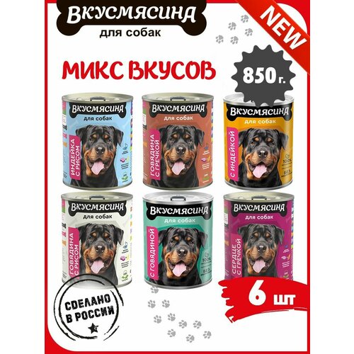 Корм влажный для собак, вкусмясина микс из 6 вкусов, 6 шт. х 850 г