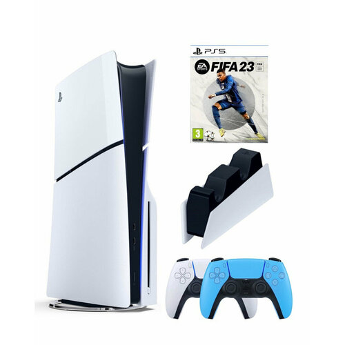 Приставка Sony Playstation 5 slim 1 Tb+2-ой геймпад(голубой)+зарядное+Fifa 23 игровая приставка sony playstation 5 slim с дисководом 1 тб fifa 24