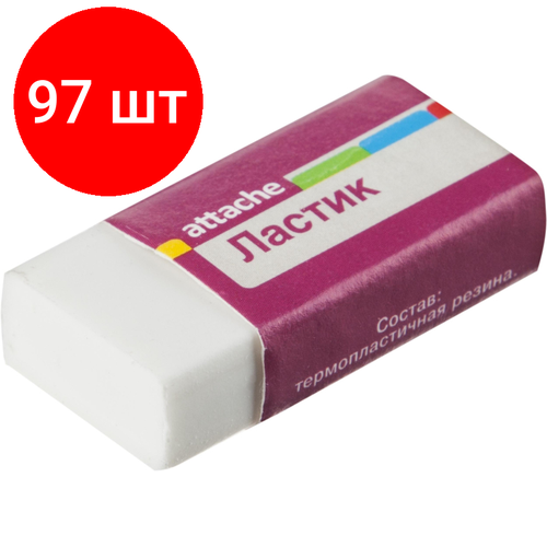 Комплект 97 штук, Ластик Attaсhe 40х19х10мм синт. каучук, картонный держатель белый