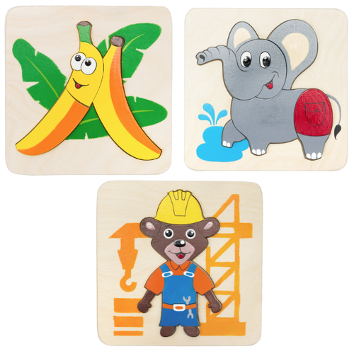 Пазл-вкладыш, для детей, для ребенка, деревянный, набор "Банан +слон +строитель"