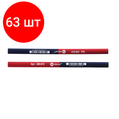 Комплект 63 штук, Карандаш строительный кобальт 2-хцветный, красный/синий 180x10 мм 248-610