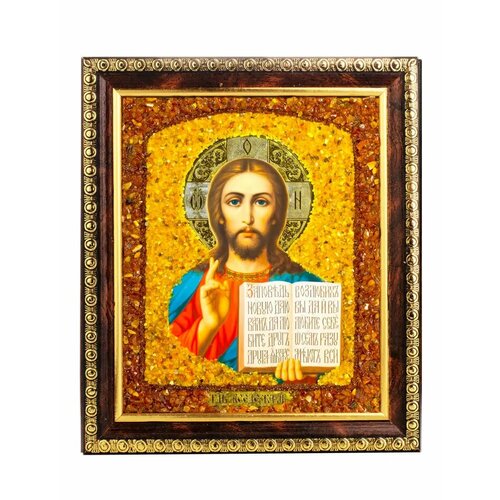 Икона, украшенная натуральным балтийским янтарём «Спас Вседержитель»