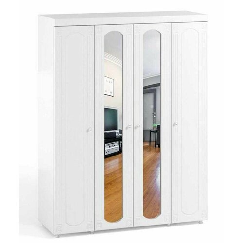 Шкаф 4 дв (560) с 2 Большими зеркальными дверьми и 2 Большими глухими дверьми Катрин-К АФ-60 Афина Белое дерево