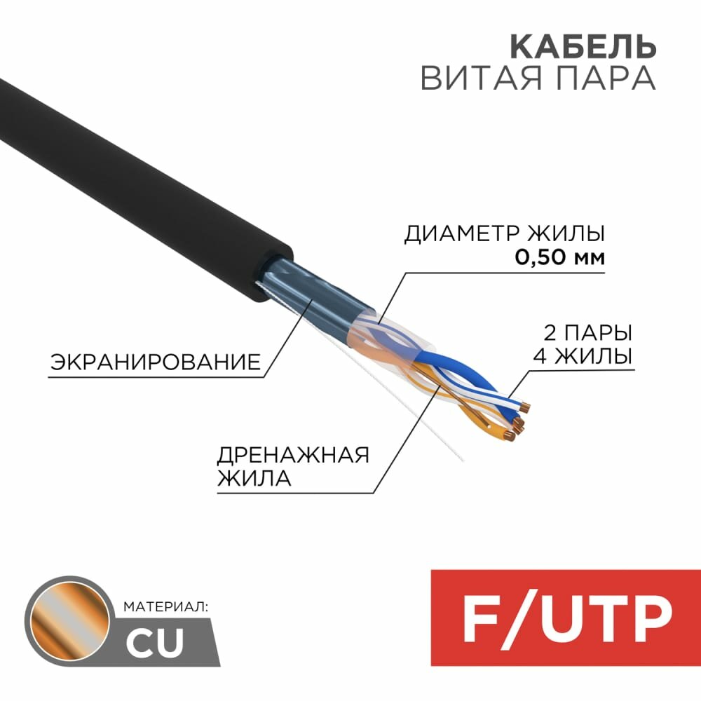 REXANT Кабель витая пара FTP 2PR 24AWG, CAT5e наружный OUTDOOR бухта 305 м 01-0124