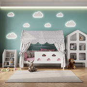 Кровать детская домик с текстилем (серый с принцессами, вход слева) "Облачка"