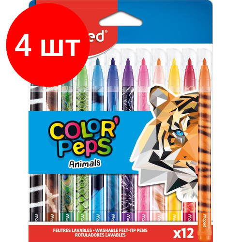 Комплект 4 наб, Фломастеры Maped COLOR'PEPS ANIMALS смываемые,12цв/наб,845403