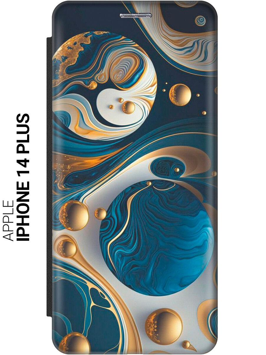 Чехол-книжка на Apple iPhone 14 Plus / Эпл Айфон 14 Плюс с рисунком "Сине-золотые фигуры" черный