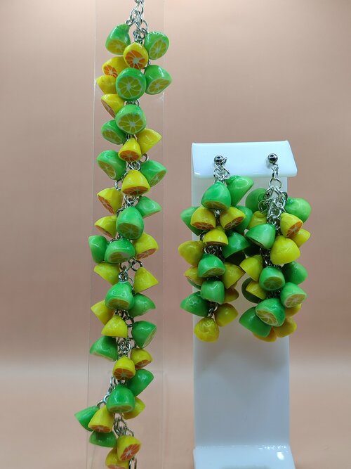 Комплект бижутерии: браслет, серьги, размер браслета 18 см, зеленый, желтый