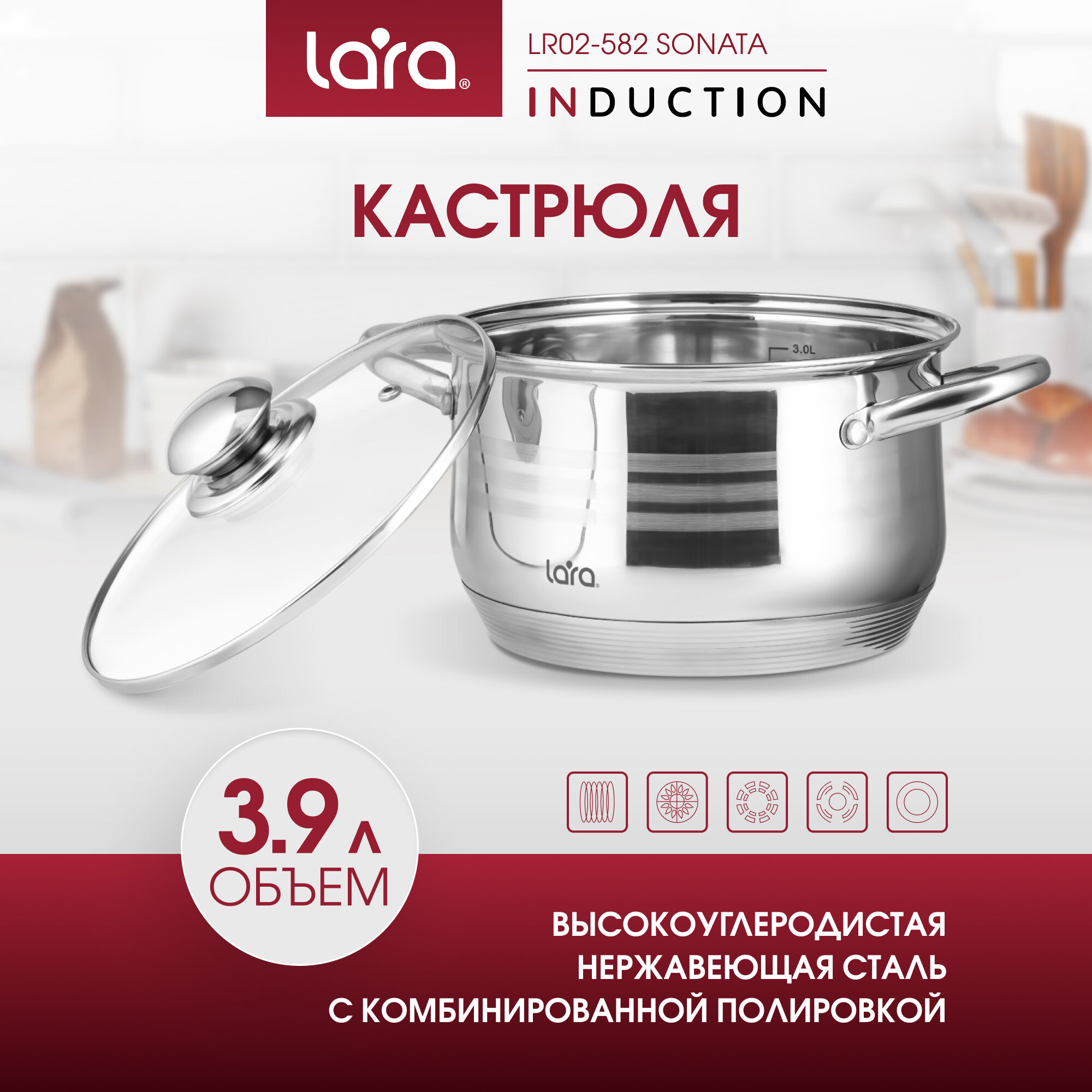 Кастрюля из нержавеющей стали 3.9л LARA LR02-582 серия SONATA для всех видов плит, для индукционных, крышка