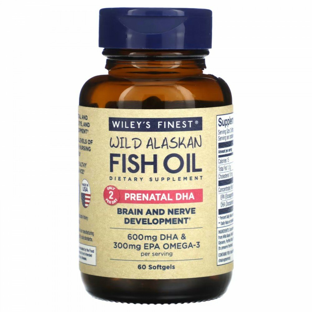 Wiley&#x27; s Finest, Аляскинский рыбий жир, пренатальная ДГК, 600 мг, 60 рыбных мягких капсул