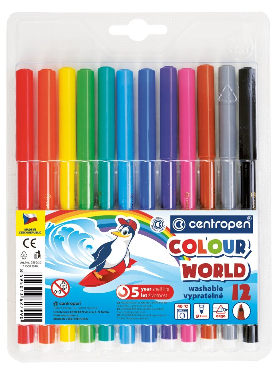 Фломастеры Centropen "Colour World", 12 цветов, диаметр 2 мм (7550/12)