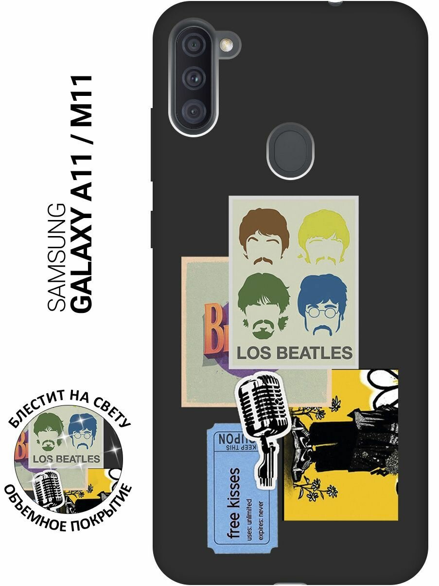 Матовый Soft Touch силиконовый чехол на Samsung Galaxy A11, M11, Самсунг А11, М11 с 3D принтом "Beatles Stickers" черный