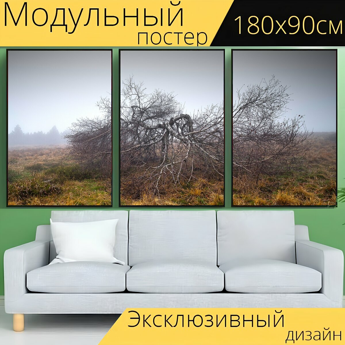 Модульный постер "Туман, дерево, высокий болот" 180 x 90 см. для интерьера